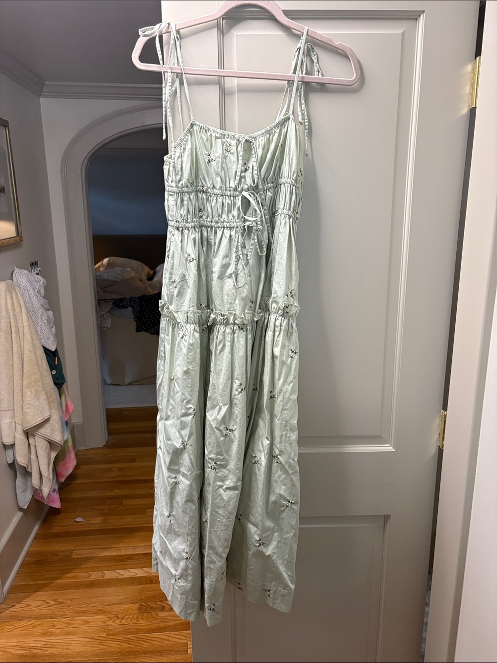 En Saison Sage Green Smocked Midi Dress with Tie Straps